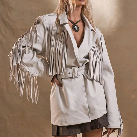 Beige Casual Women's Western Boho Fringe Woven Fabric Jacket